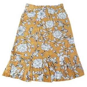 Gold White Textured Floral Midi Flounce Hem Pull On Skirt Medium Bloomcore